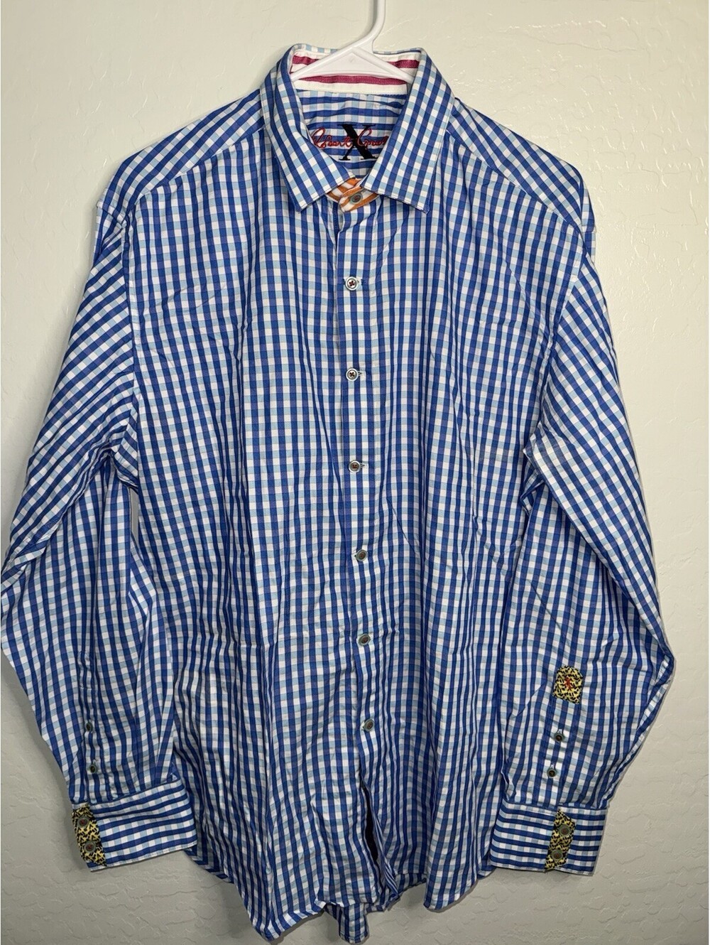 Robert Graham Shirt Mens L Blue White Plaid Contrast Cuff Button Down Preppy
